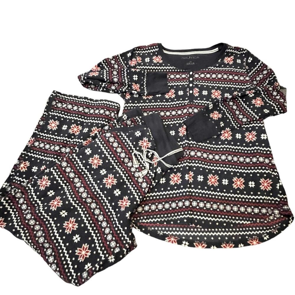 Nautica Sleepwear Two-Piece Set Women Large Cozy Night Winter Fair Isle Blue